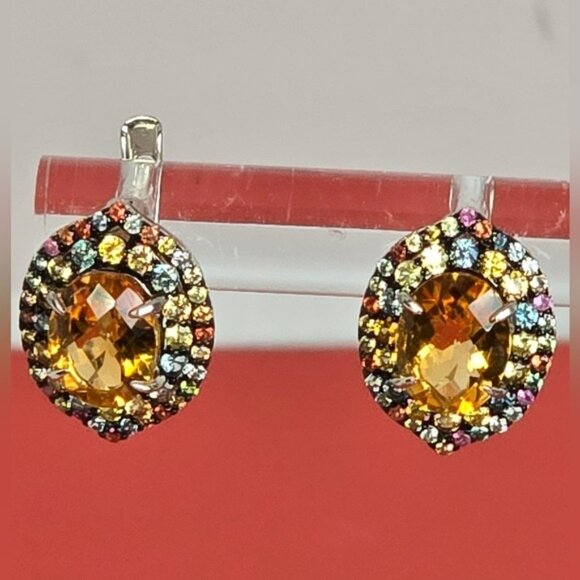 925 Sterling Silver Earrings with Natural Citrine & Sapphire Gemstone - Picture 3 of 8